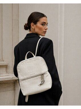 Michael Kors White Leather Backpack Women MK Gold Hardware Medium Travel Work